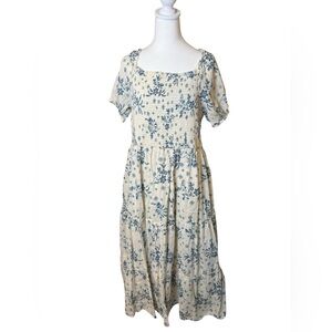 Kings Road Cream Blue Floral Maxi Dress Tiered Medium Cottagecore Coquette Boho